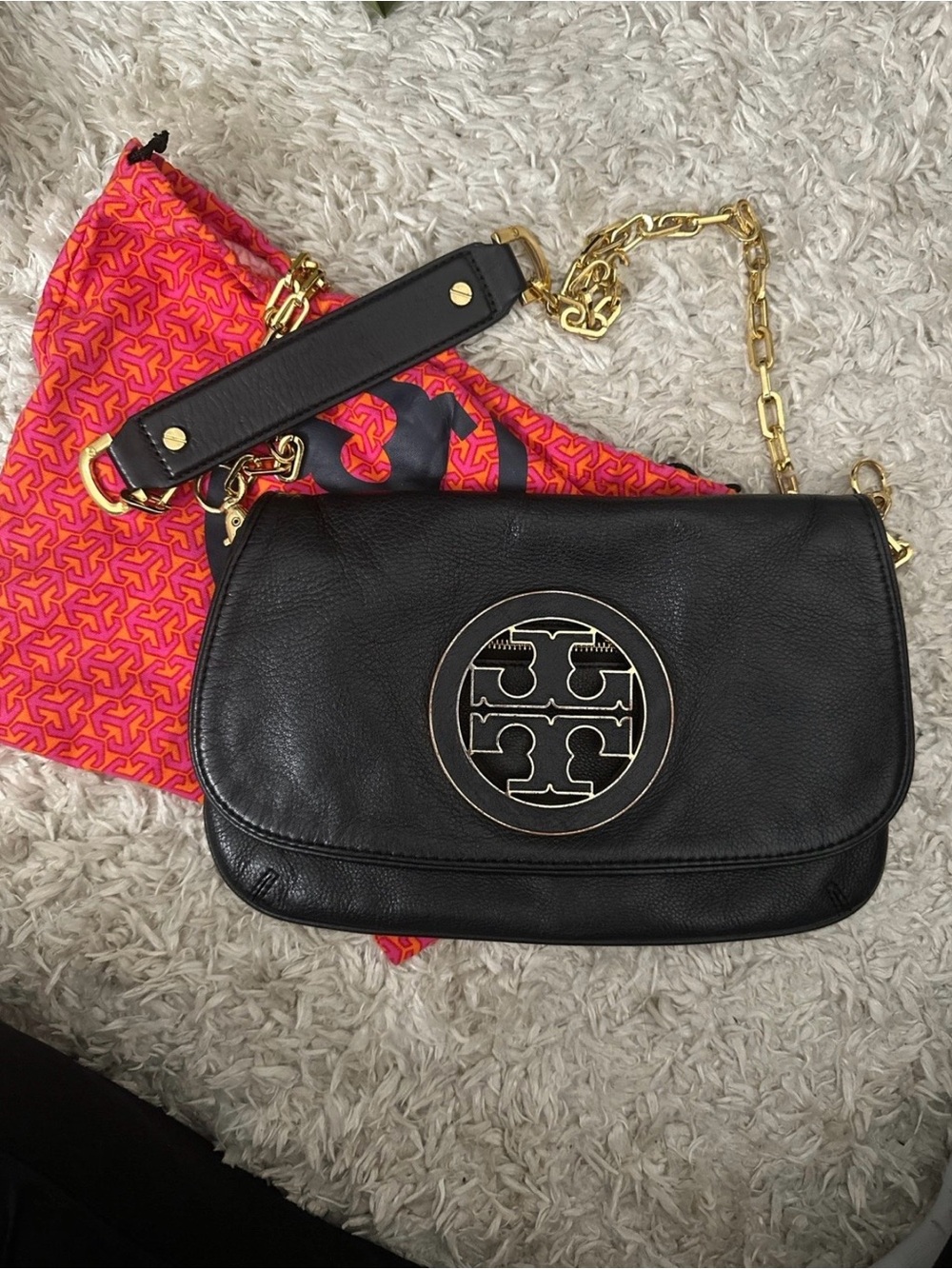 Tory Burch Black Leather Logo Crossbody with Gold Chain